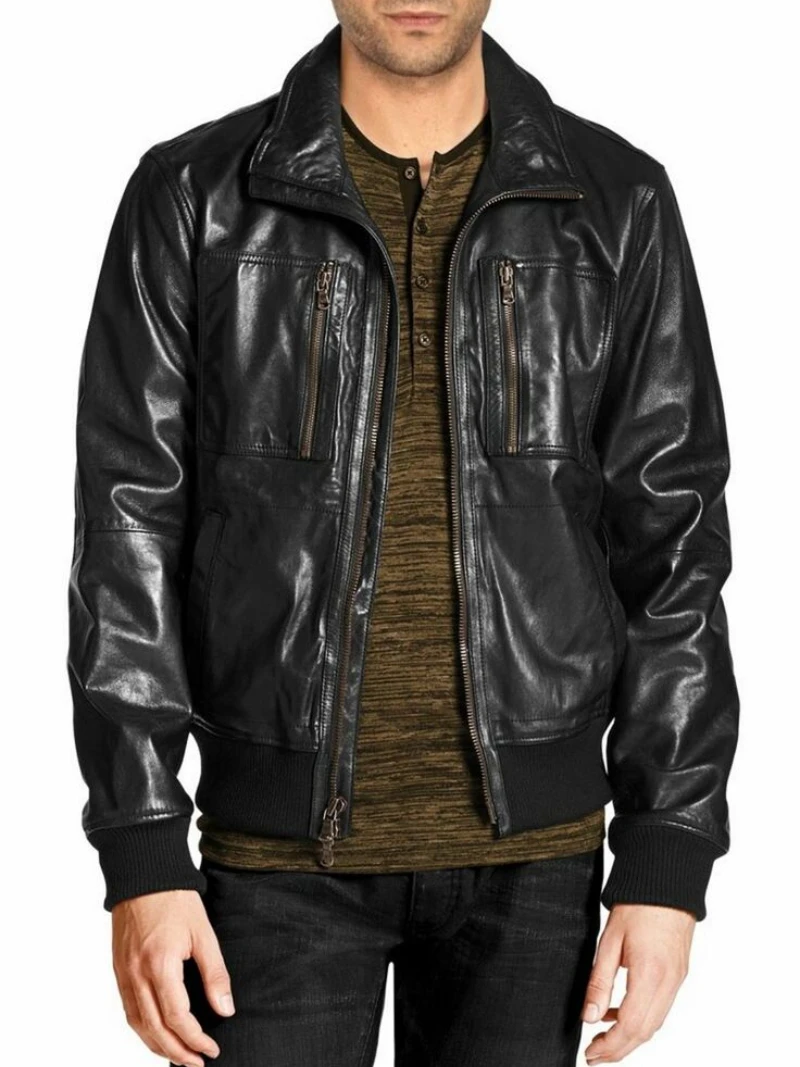 100% Мужская кожаная куртка, Тонкое черное модное бейсбольное пальто, Модная мотоциклетная верхняя одежда