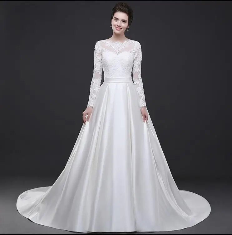 2017 новое свадебное платье с изгибом плеча, простое атласное свадебное платье с длинными рукавами, тонкое кружевное свадебное платье