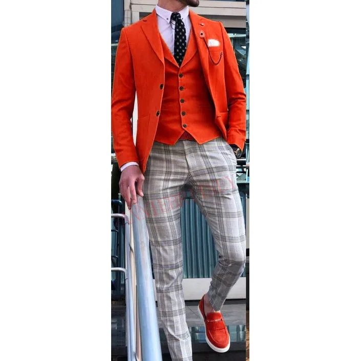 2022 Повседневный Оранжевый Мужской костюм, Комплект из 3 предметов, Смокинг, Приталенный Модный Блейзер, Брюки, Жилет, Комплект, Костюм для Мужчин, Красивая Мужская Одежда