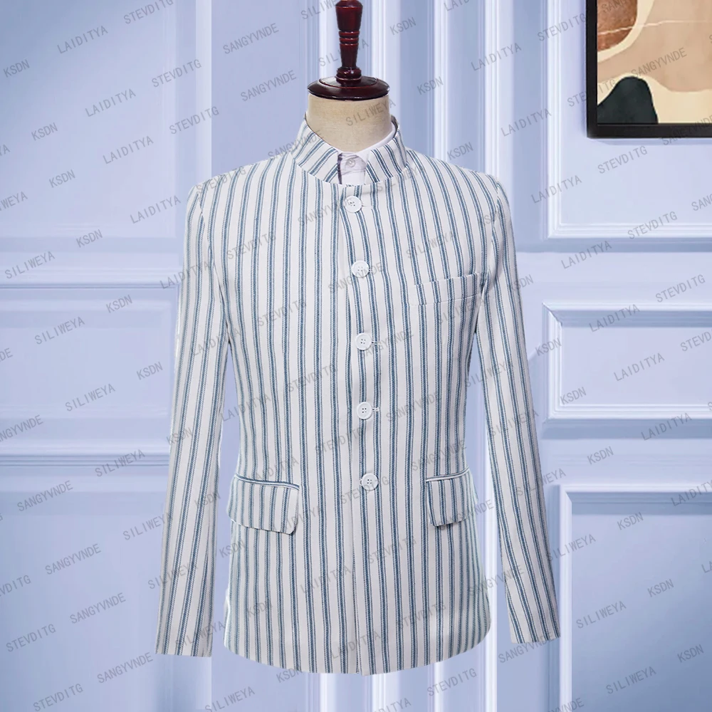 2023 Новый Мужской летний деловой официальный комплект белья в синюю и белую вертикальную полоску, приталенное повседневное свадебное пальто для жениха, куртка