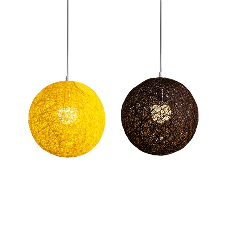 2X Кофейно-желтая люстра с шариками из бамбука, ротанга и пеньки, Индивидуальное творчество, Сферический абажур из ротанга в виде гнезда