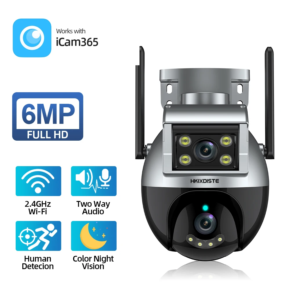 6-мегапиксельная IP-камера WiFi с двумя объективами, Автоматическое отслеживание на открытом воздухе, Беспроводная PTZ-камера видеонаблюдения, Умная 2-полосная аудио-камера видеонаблюдения