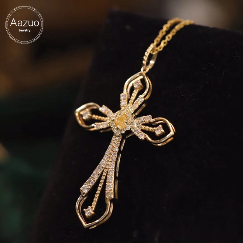 Aazuo 100% Настоящее Розовое золото 18 Карат, настоящие желтые Белые Бриллианты, Классическое Ожерелье с крестом и цепочкой, подаренное для женщин 18 Дюймов Au750