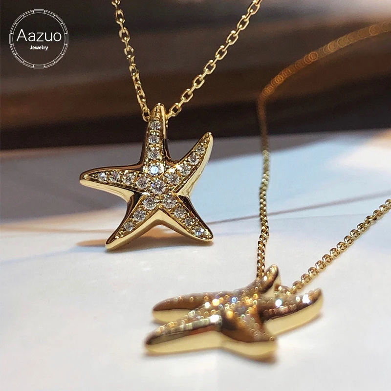 Aazuo Настоящий натуральный бриллиант из чистого желтого золота 18 Карат Классический кулон в виде морской звезды с цепочкой ожерелье в подарок для женщин Свадебная вечеринка
