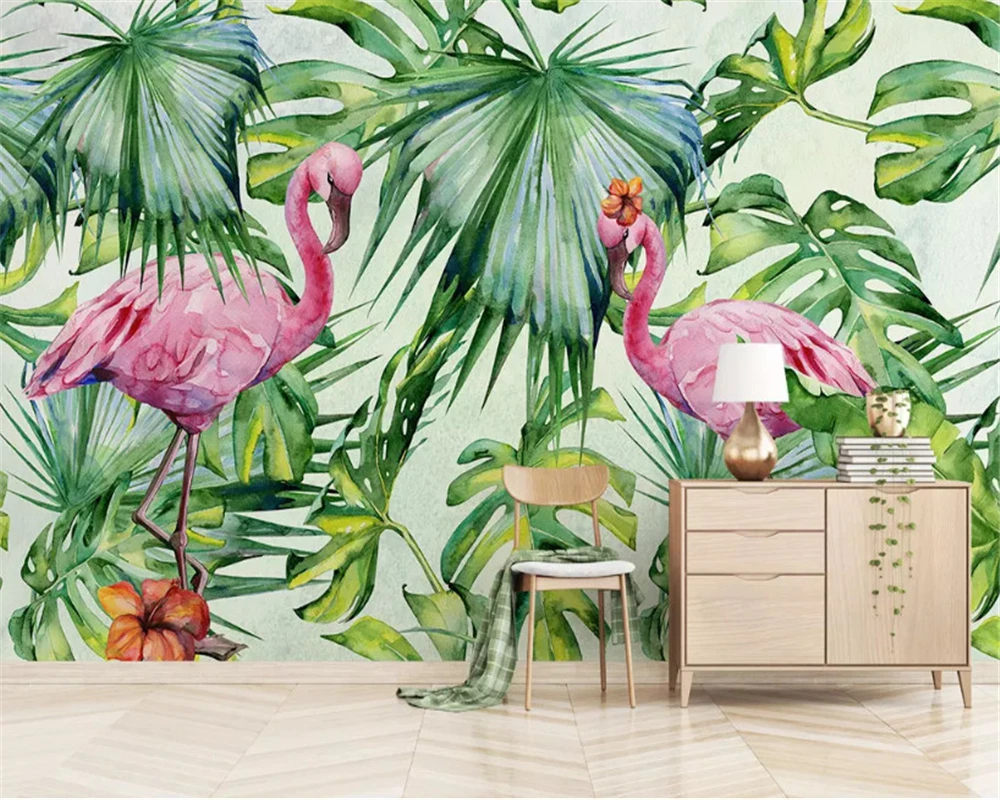 beibehang, Изготовленные на заказ шелковистые обои papel de parede, нарисованные вручную тропические растения, цветы, фон фламинго, декоративная роспись стен