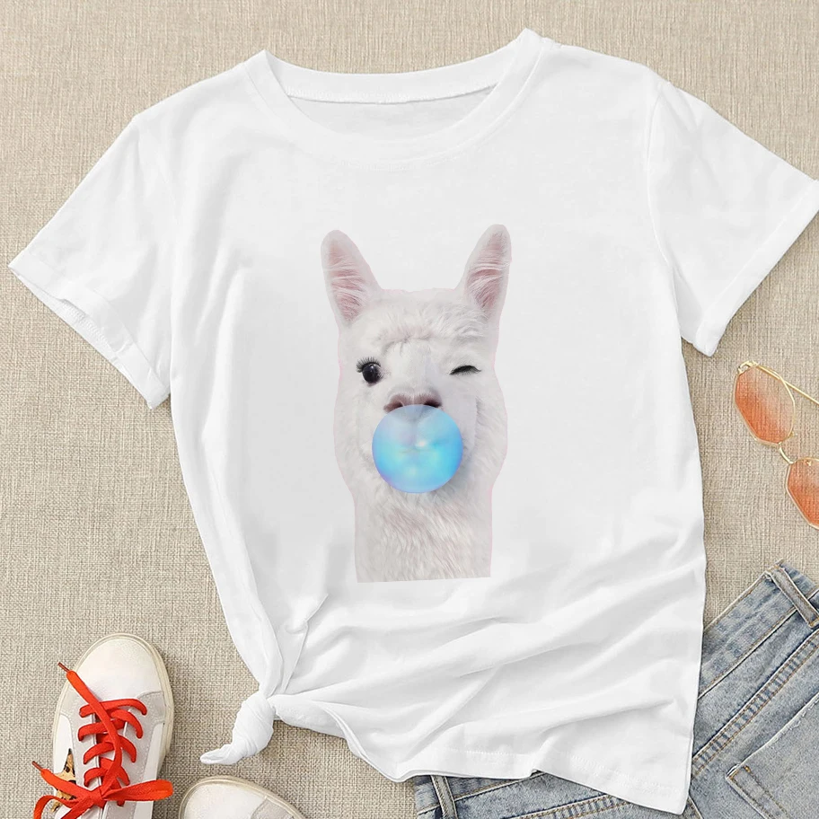 Bubble Gum Alpaca Новая Женская футболка с коротким рукавом, Женская футболка С белым Принтом, Уникальный Дизайн, Универсальный Тонкий Модный Топ для зрелых, Nich