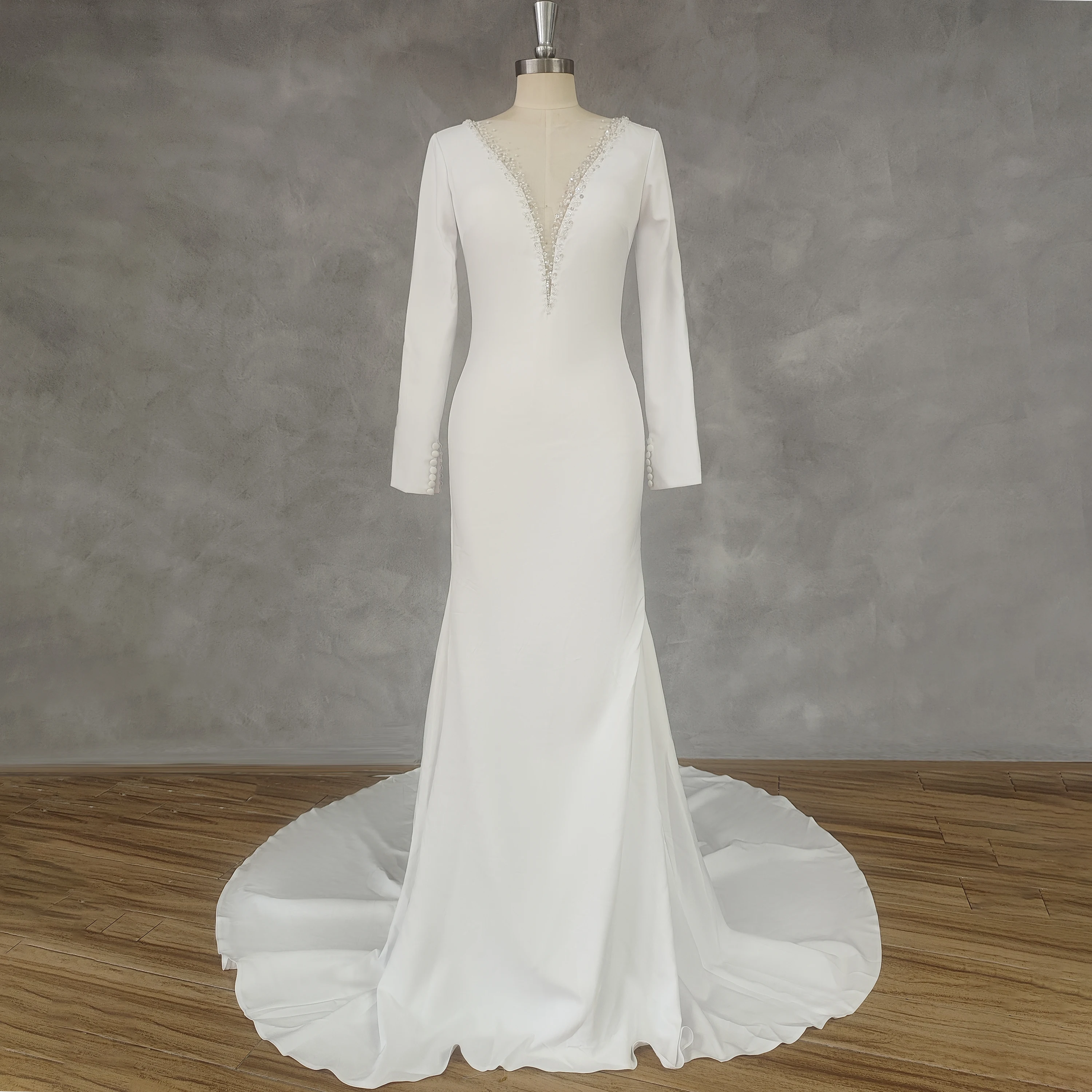 DIDEYTTAWL Реальное изображение Глубокий V-образный вырез, длинные рукава, креп, расшитый бисером, блестки, свадебное платье Русалки, свадебное платье со шлейфом на пуговицах сзади