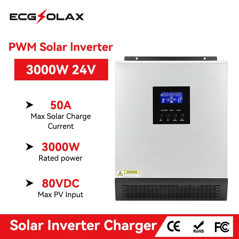 ECGSOLAX 3000VA 2400W Солнечный Гибридный инвертор 24V 110V Встроенный PWM 50A Контроллер заряда PV Max 80VDC Инвертирует Чистую Синусоидальную волну