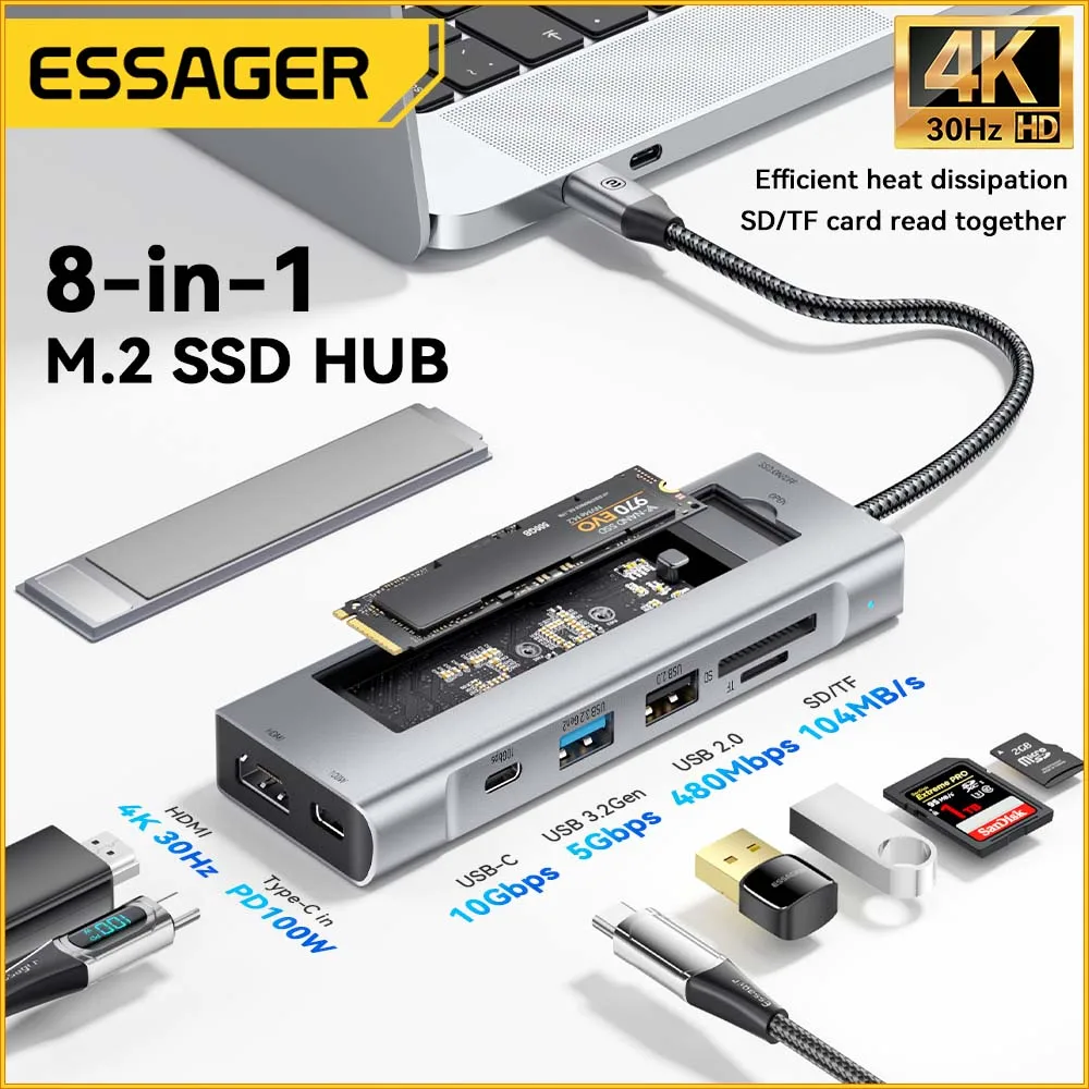 Essager 8 Портов USB C Концентратор С функцией хранения дисков, Совместимый с USB Type-c и HDMI, Док-станция для ноутбука Macbook Pro Air M1 M2
