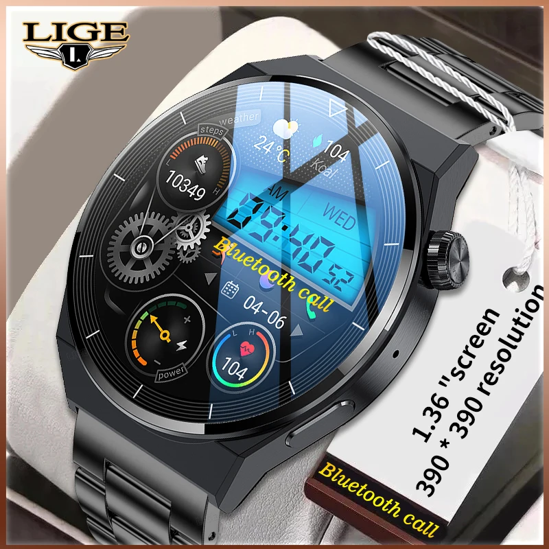 LIGE NFC Смарт-Часы Мужские Bluetooth Вызов Беспроводная Зарядка Al Голосовой Помощник IP68 Водонепроницаемый Пользовательский Циферблат AMOLED Мужские Умные Часы