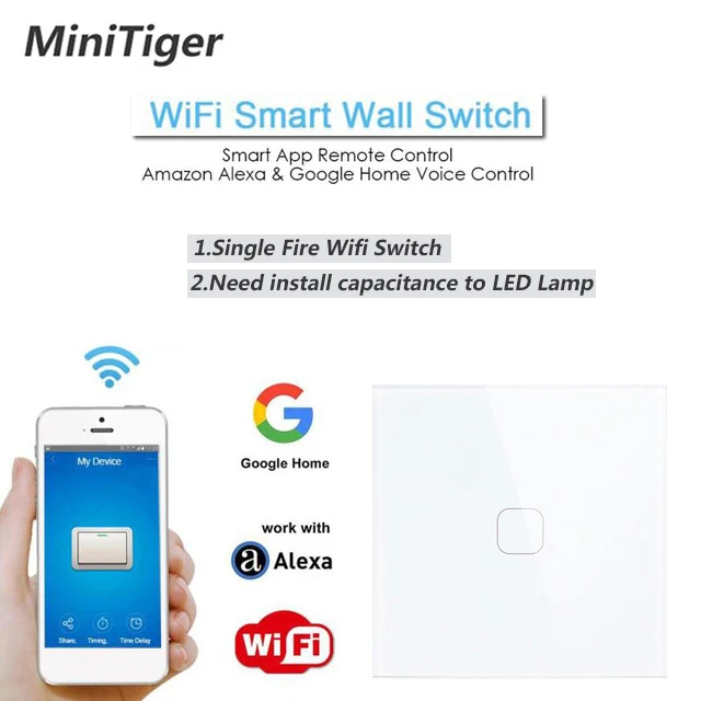 Minitiger EU/ UK WIFI Smart Touch Switch APP, беспроводной пульт дистанционного управления, настенный выключатель Света, Хрустальная панель, Работает с Alexa / Google Home