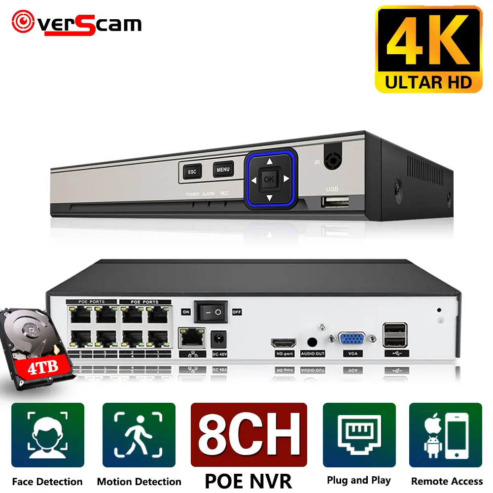 Nvr 8-канальный Poe Сетевой Видеомагнитофон CCTV Поддержка IP-камеры Видеорегистратор Видеонаблюдения 4K Камеры безопасности Nvr H.265