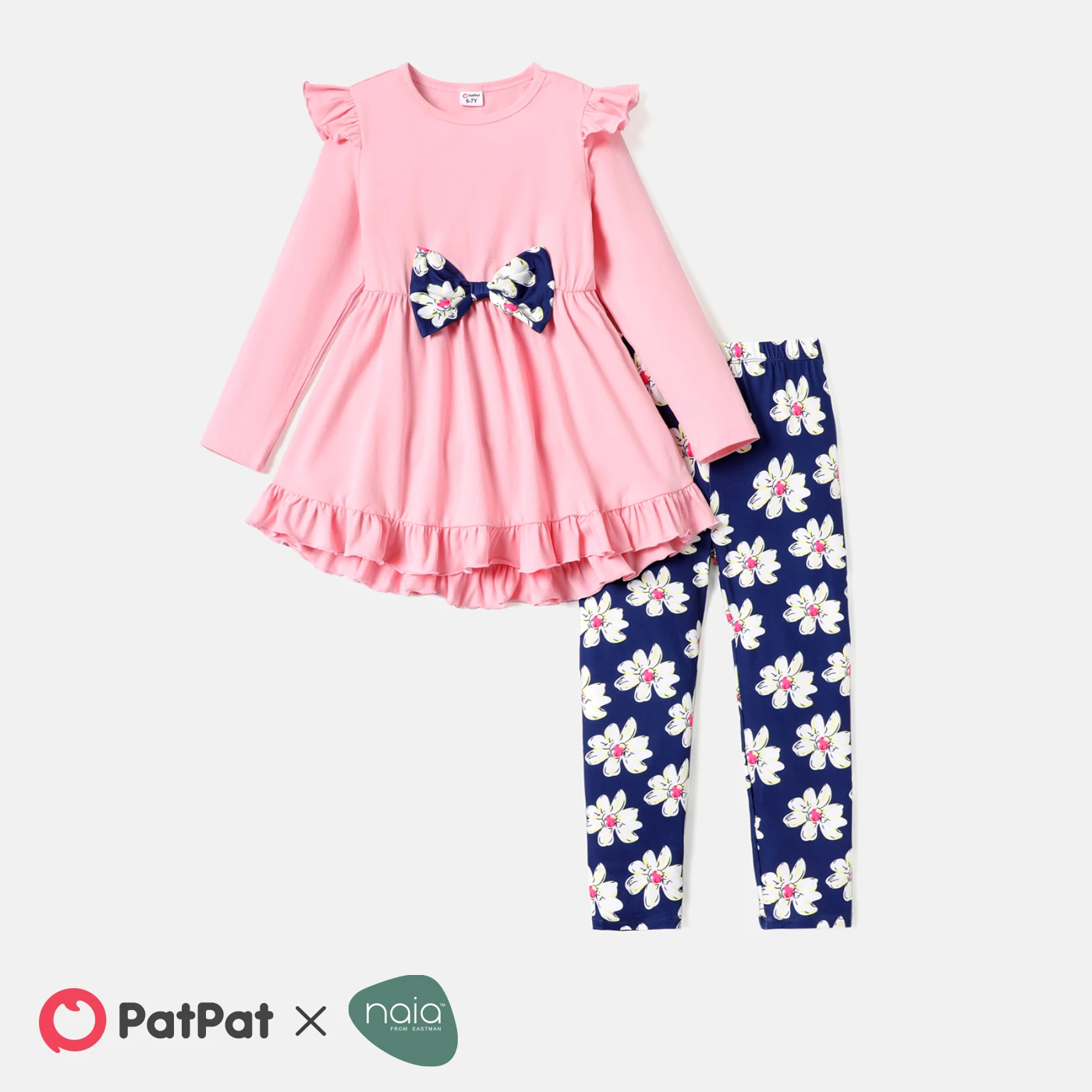 PatPat 2 шт., футболка с 3D бантом для девочек и комплект леггинсов с цветочным принтом