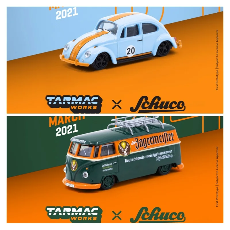 Tarmac Works X Schuco 1:64 VW-Beetle Gulf #20 / T1 Панельный фургон Jagermeister с низким дорожным просветом и багажником на крыше
