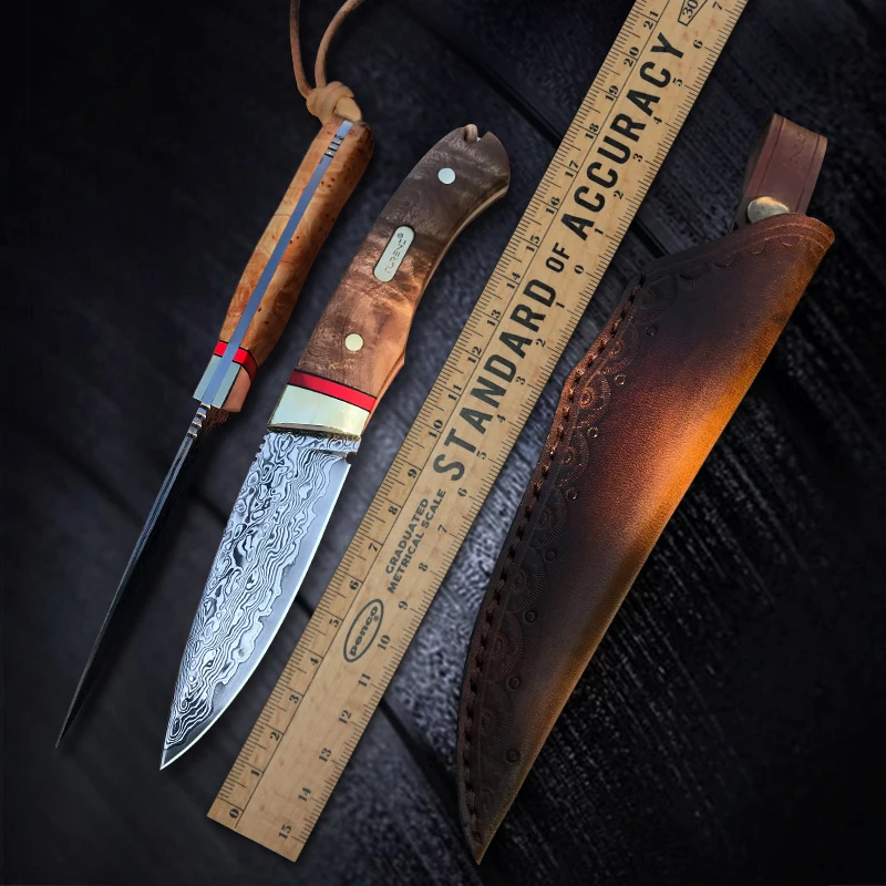 TURENZ-Полный Тан VG10 Охотничий Нож из Дамасской Стали с Фиксированным Лезвием, Ножи для Выживания, Инструменты для Кемпинга, Прямые ножи ручной работы