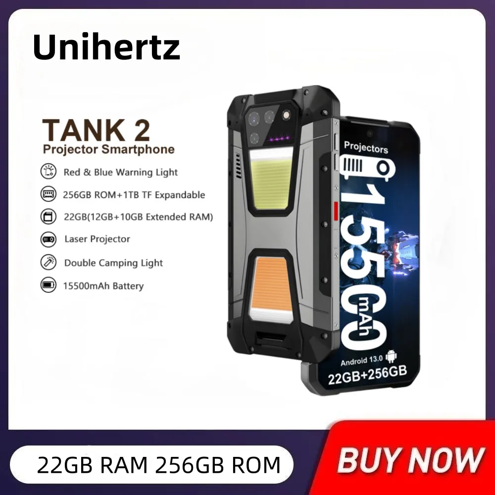 Unihertz 8849 Танк 2 Проектор Прочный 22 ГБ ОЗУ 256 ГБ ПЗУ 108 Мп Походный Светильник 64 Мп Супер Ночного Видения G99 15500 мАч Поддержка SD TF