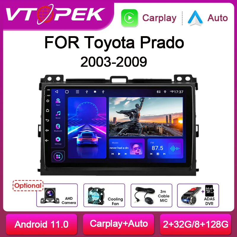 Vtopek 2din Android 11.0 Автомобильный радиоприемник, мультимедийный видеоплеер, Навигация GPS Для Toyota LAND CRUISER Prado 120 2003-2009 Головное устройство