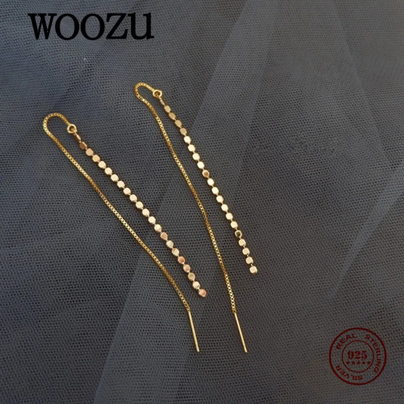 WOOZU подлинные диски из стерлингового серебра 925 пробы с кисточкой, длинная линия уха, 14k позолоченные для женщин, Богемные блестящие корейские серьги, ювелирные изделия