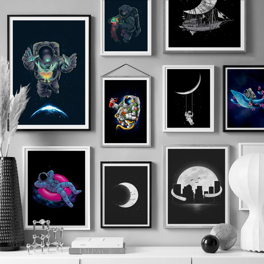 Абстрактный Астронавт, Лунный корабль, Кит, Настенное искусство, холст, живопись, Плакаты на скандинавскую тему и принты, настенные картины для домашнего декора гостиной
