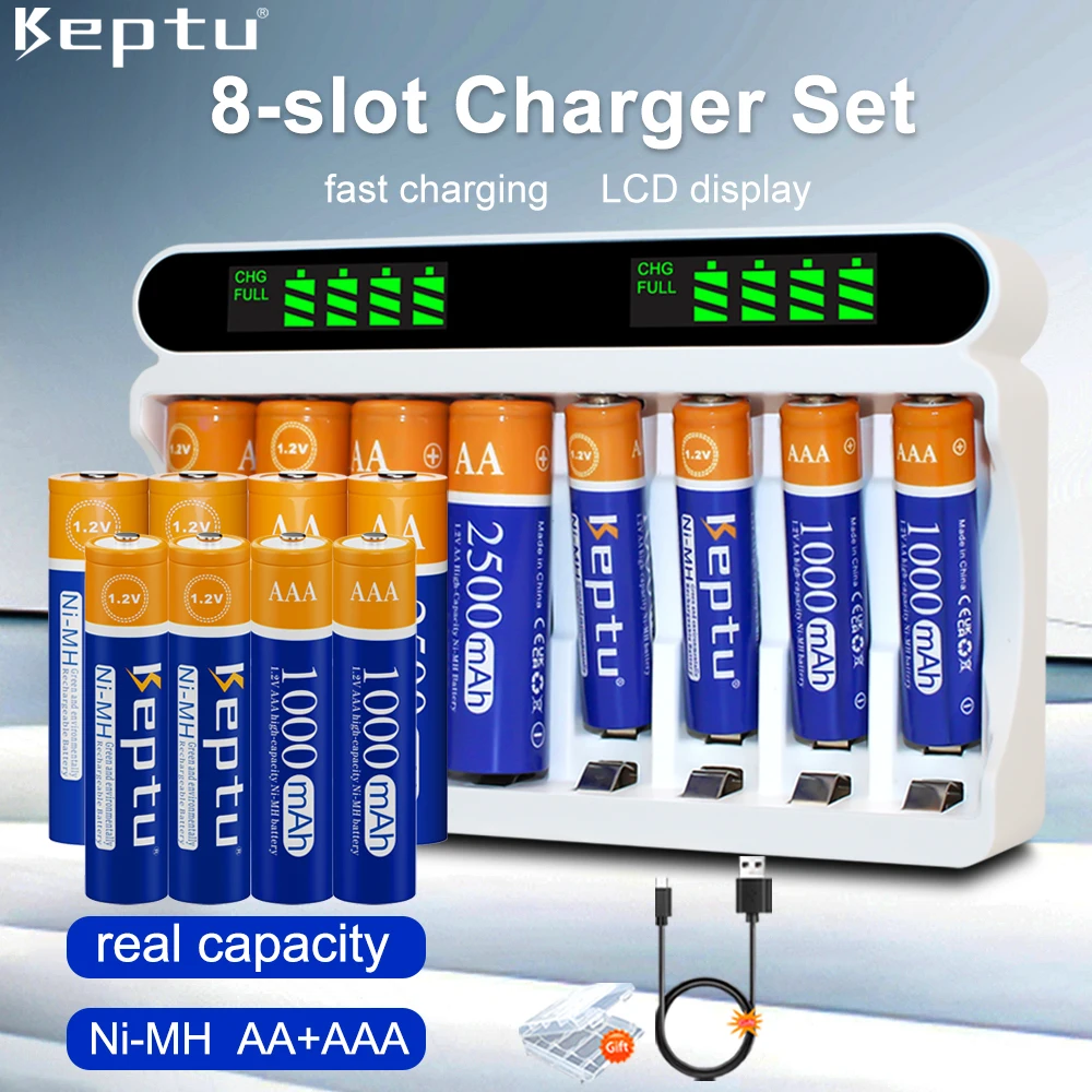 Аккумуляторная батарея KEPTU 2500 мАч AA + AAA 1000 мАч 1,2 В NI-MH AAA/AA аккумуляторные батареи и 8 слотов быстрого зарядного устройства AA/AAA