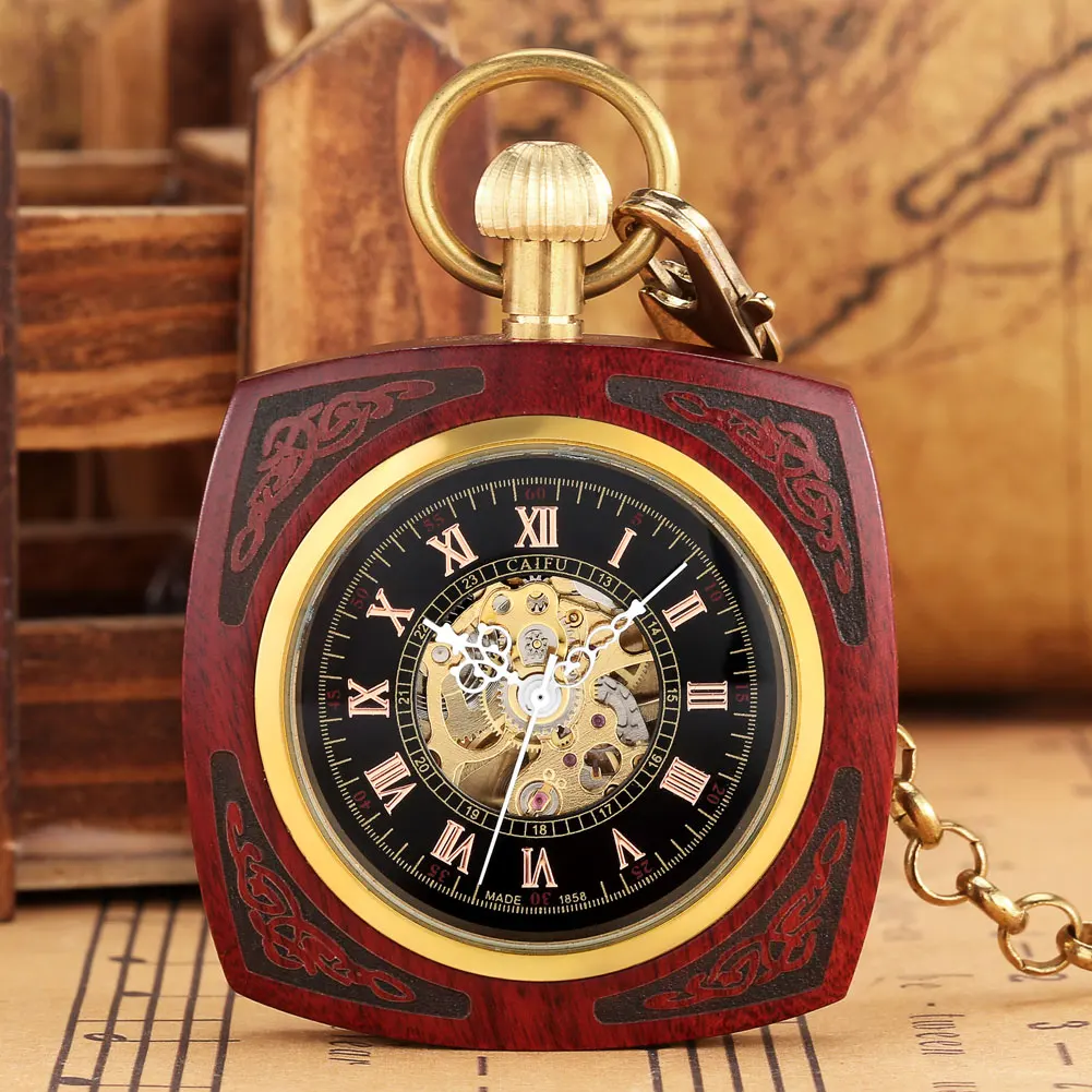 Антикварные механические карманные часы с автоподзаводом из красного дерева /бамбука с открытой крышкой на золотой цепочке, Ретро мужские часы, рождественские подарки