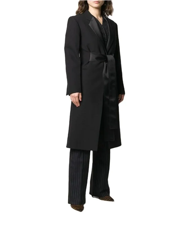 Весенне-осенняя новейшая атласная черная ветровка с поясом, приталенный модный Длинный костюм, Женский тренч, пальто в наличии