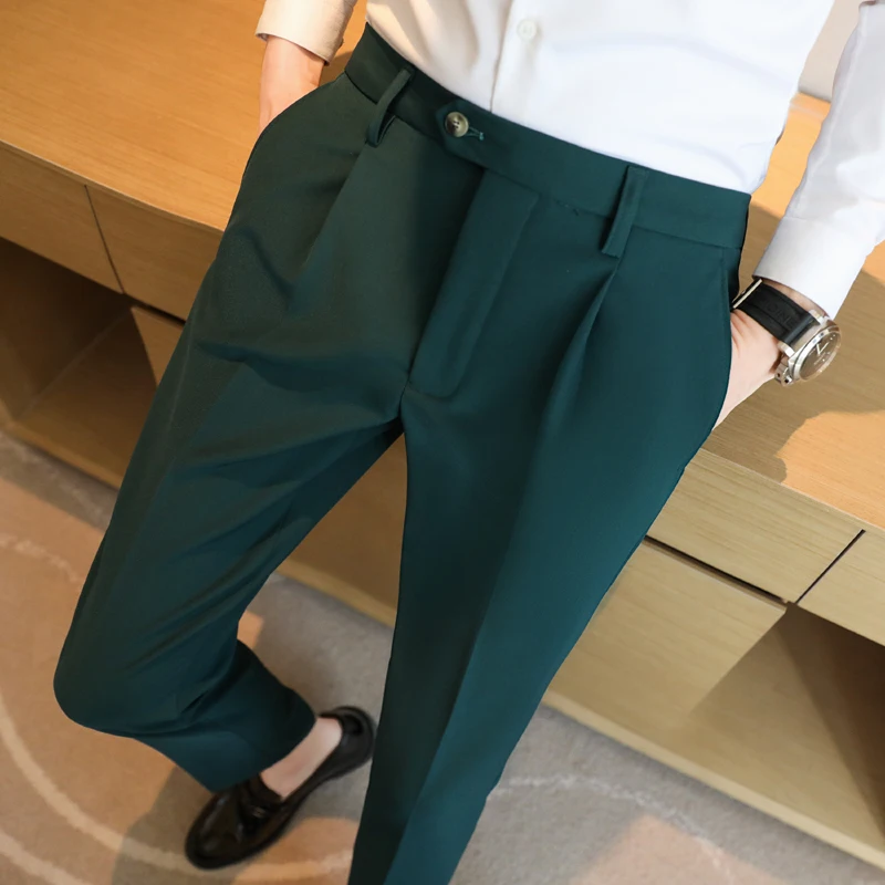 Высококачественные однотонные прямые мужские деловые брюки для офиса, мужские облегающие повседневные костюмные брюки на весну и лето