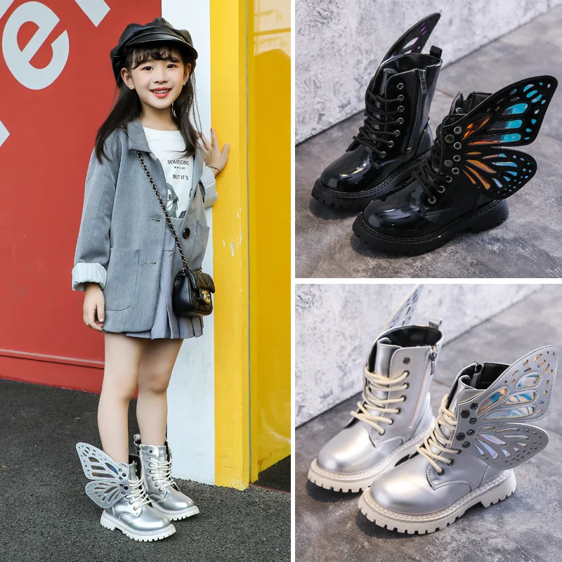 Детские модные ботинки с большими крыльями бабочки для ботинок, детские кроссовки, Кожаные ботильоны для мальчиков и девочек, Осенне-зимняя детская обувь