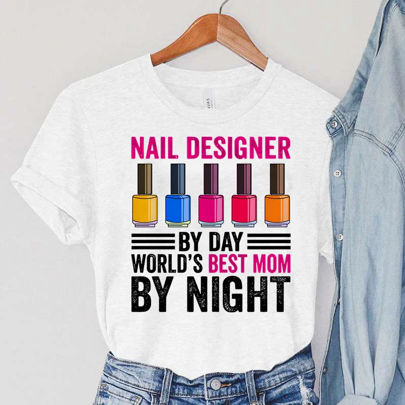 Дизайнер ногтей, Женская одежда, Разноцветный лак Для ногтей с Мультяшным Принтом, Женские футболки, Дизайнер ногтей для мамы, Винтажные Топы, Женские футболки