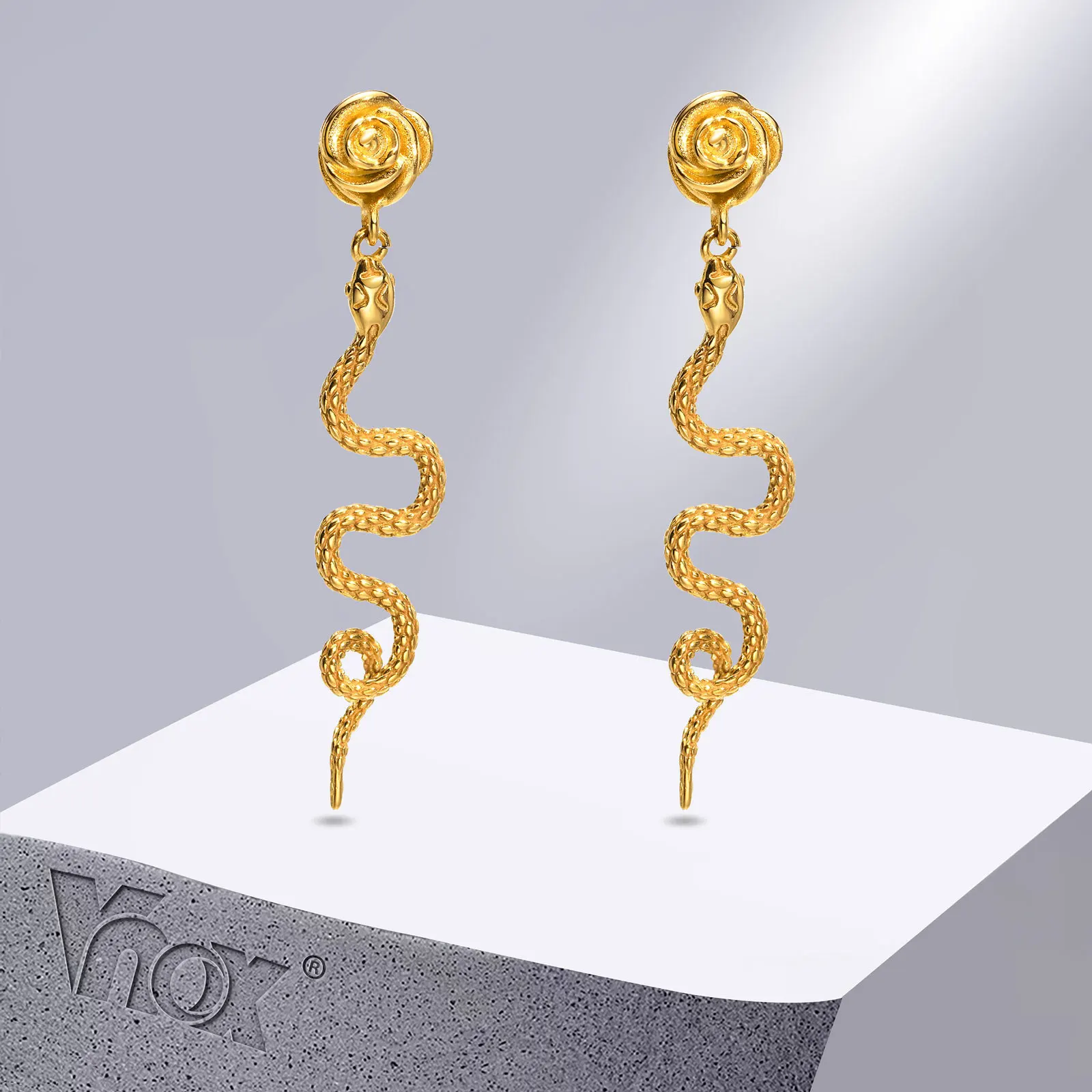Дизайнерские змеиные серьги Vnox для женщин, золотистый цвет, роза из нержавеющей стали, серьги-гвоздики с животными