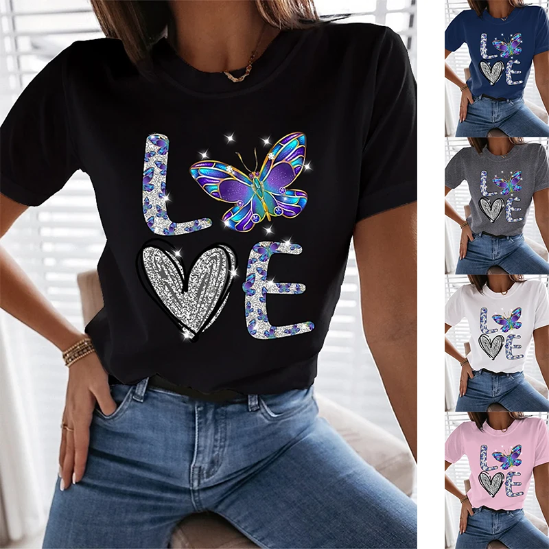 Женская футболка с графическим рисунком бабочки и сердца, короткий рукав, круглый вырез, Повседневная одежда с принтом на день Святого Валентина, одежда