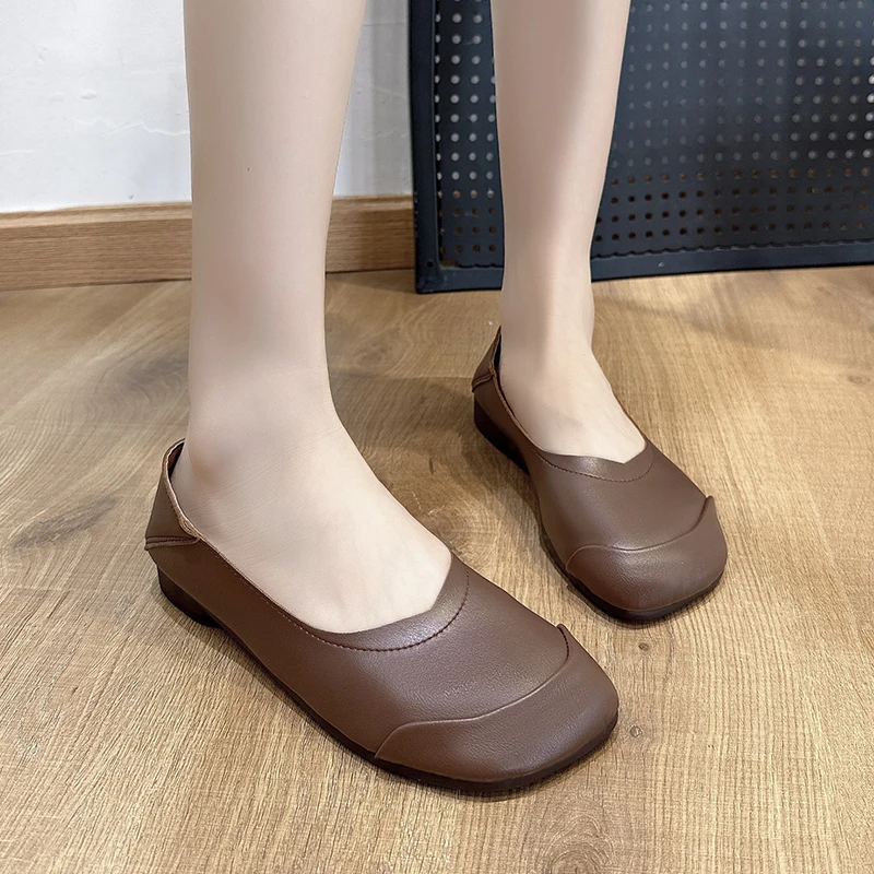 Женские мягкие кожаные балетки складные рулонные обувь краткая квадратный носок туфли бабушка женщину улица способов ретро мокасины