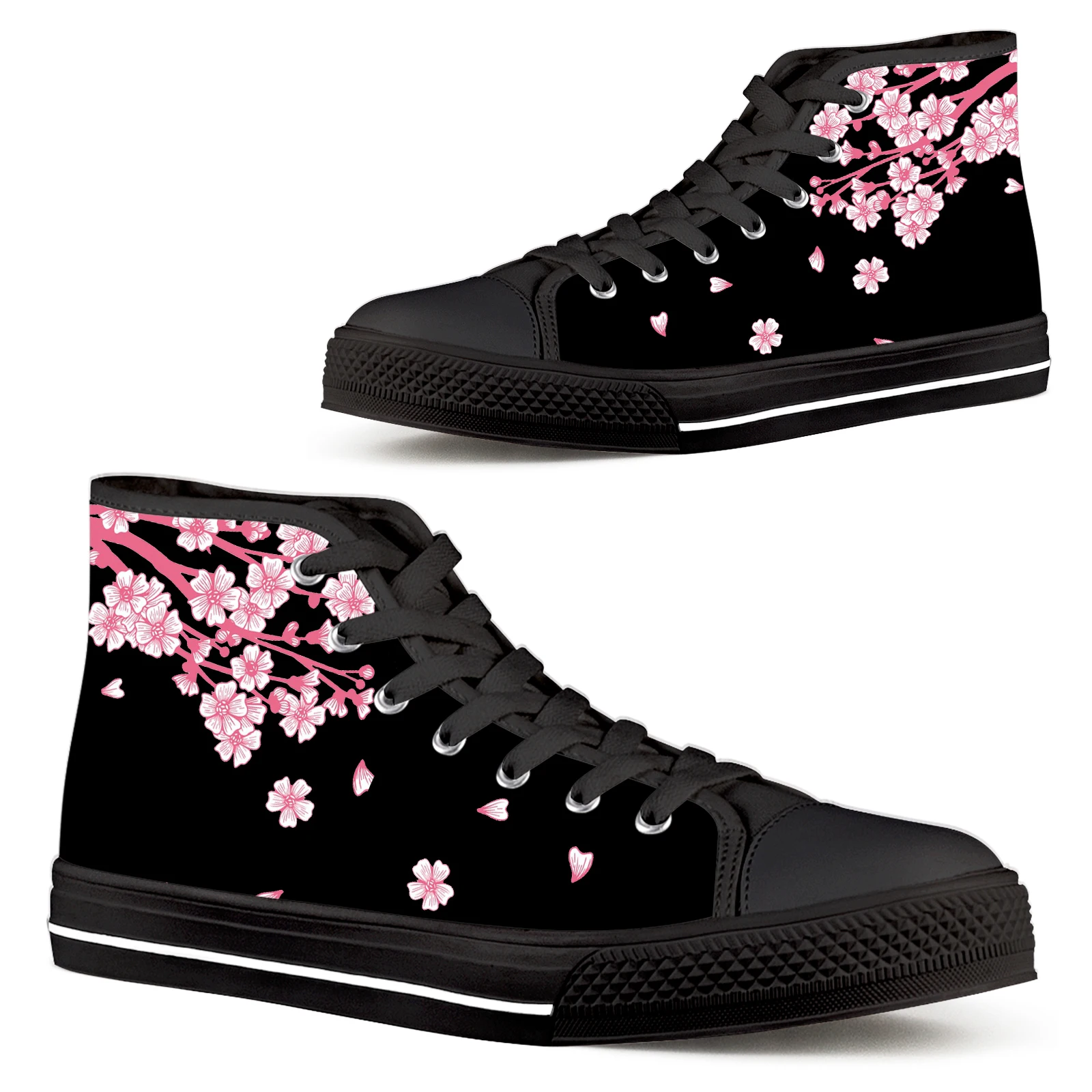 Женские осенние кроссовки ELVISWORDS, розовая сакура, черные туфли на шнуровке с цветочным принтом, Повседневные женские теннисные туфли с высоким берцем