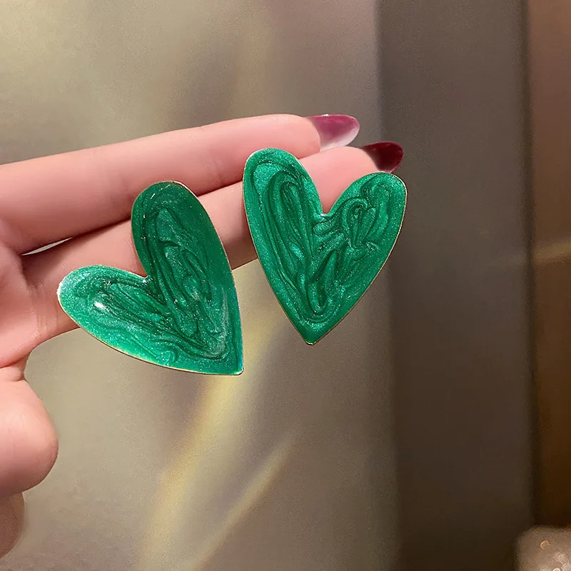 Женские серьги-гвоздики с большим сердцем, корейский дизайн, зеленая эмаль, Красивые Простые серьги для ушей, свадебные украшения Pendientes Mujer
