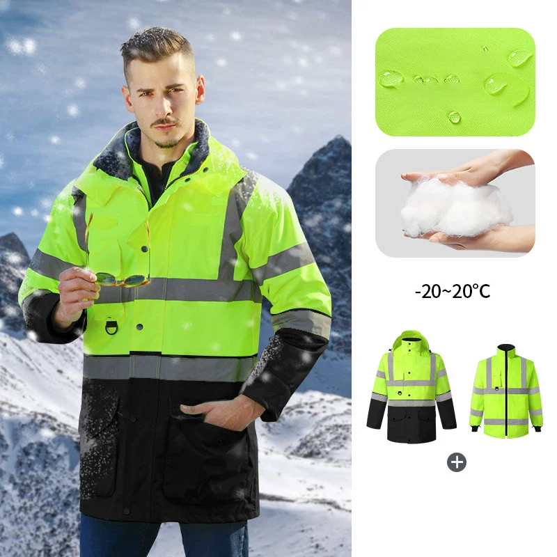 Защитная куртка Зимняя Мужская с утолщенной хлопчатобумажной подкладкой, Светоотражающее пальто, Водонепроницаемая Ветрозащитная куртка для холодной зимы с высокой видимостью