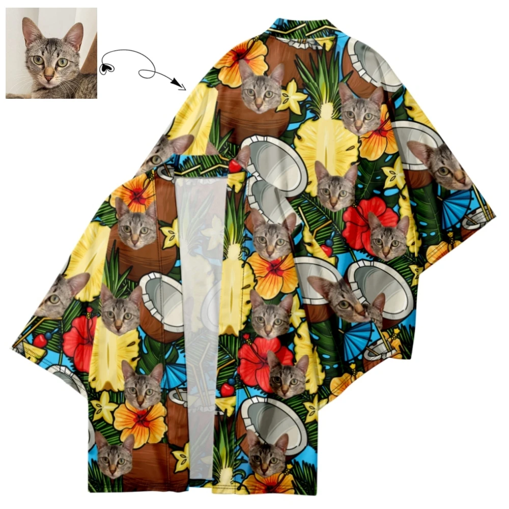 Изготовленное на заказ кимоно с тропическими фруктами, Гавайская накидка с лицом, персонализированный костюм с фотографией Парнера, пляжная рубашка-кимоно