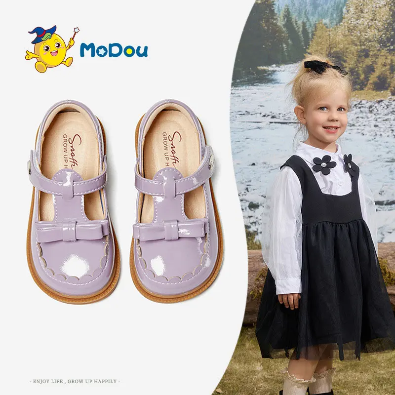 Кожаные туфли Mo Dou для девочек; сезон весна-осень; новинка; мягкие нескользящие однотонные туфли принцессы с милым бантом на крючках и петлях; маленькие туфли