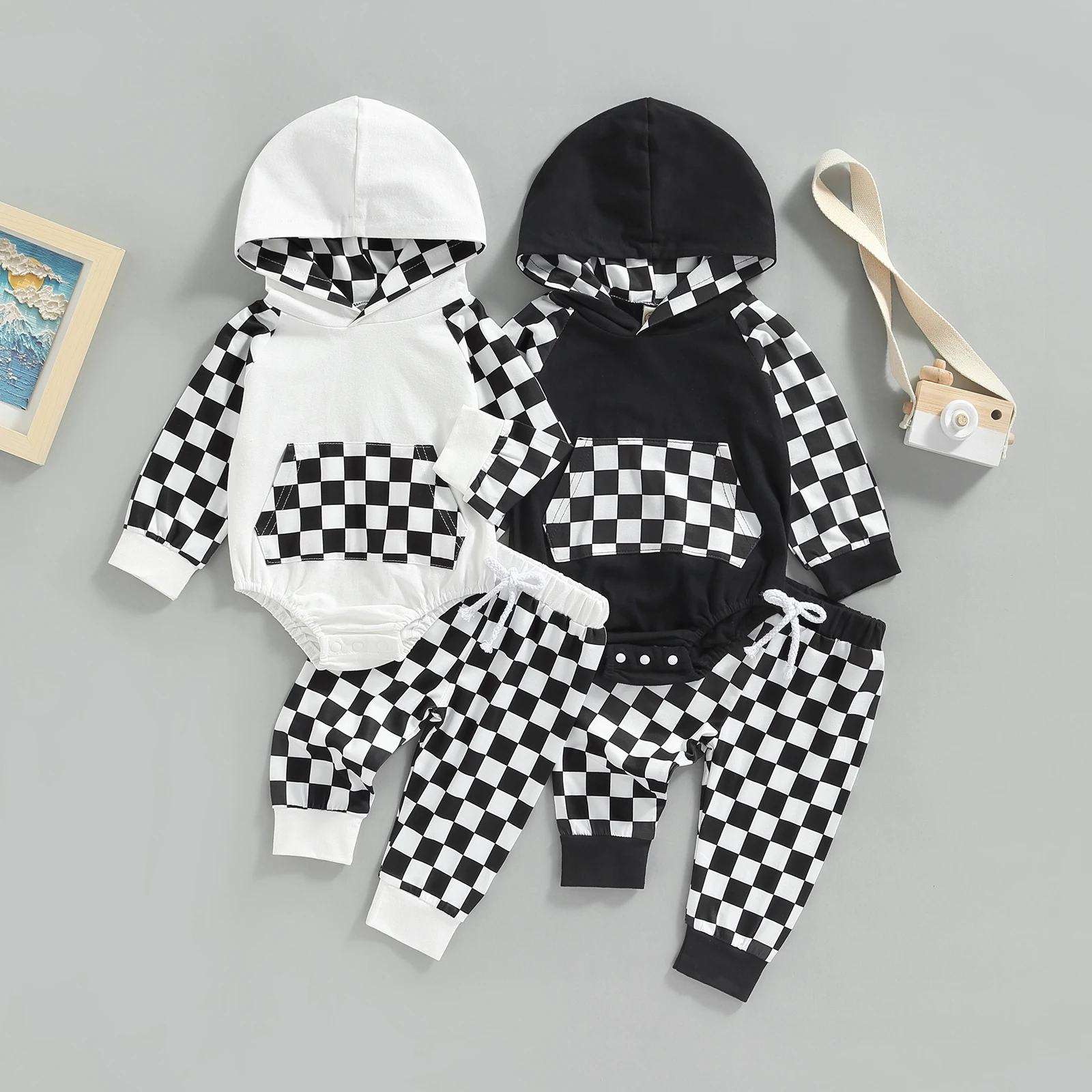 Комплект одежды для младенцев из 2 предметов в клетку в клетку с капюшоном и длинными штанами