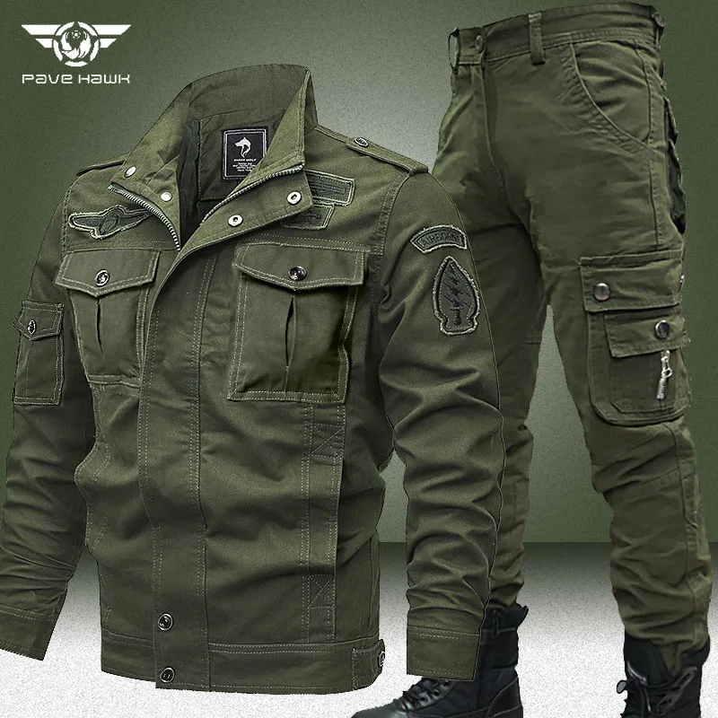 Комплекты в стиле милитари Большого Размера 6XL, Мужские весенне-осенние куртки-бомберы в стиле милитари + Брюки-карго с несколькими карманами, комплект из 2 предметов, ветрозащитные летные пальто