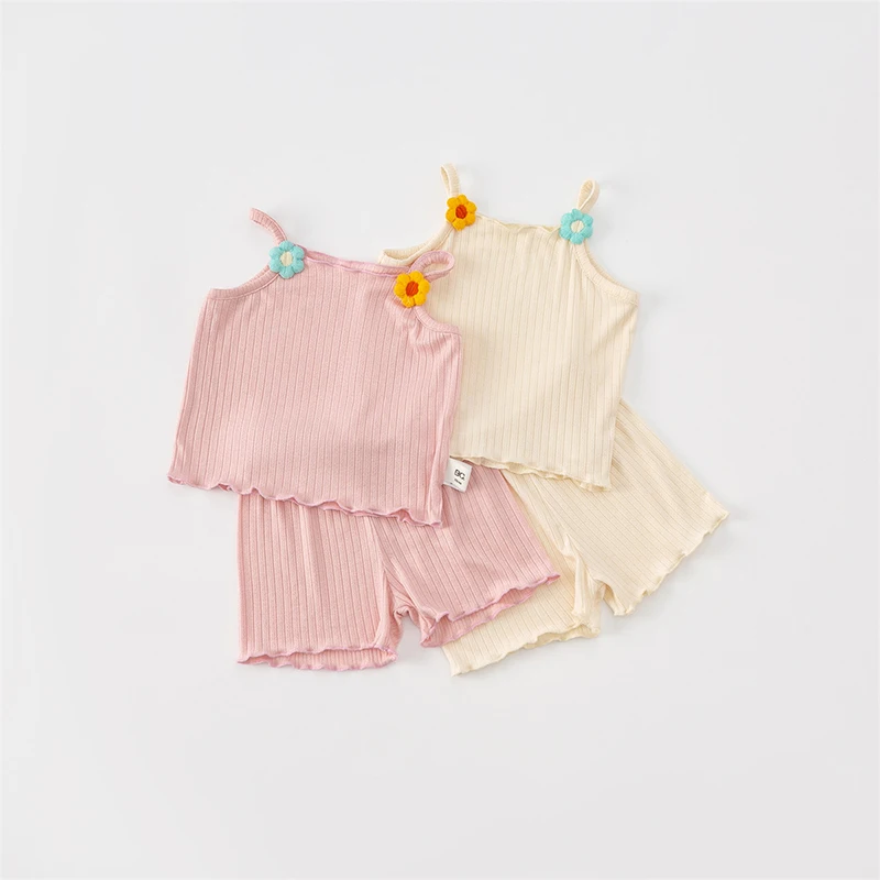 Комплекты из 2 предметов, жилет и шорты для маленьких девочек, Летние футболки без рукавов для малышей, Брюки, Наряд, Повседневная пляжная майка с цветами