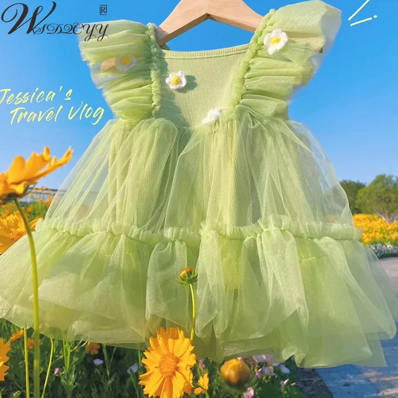 Летнее однотонное платье Принцессы для маленьких девочек, маленькое газовое платье с летящими рукавами, Свежая цветочная вышивка, Детская одежда
