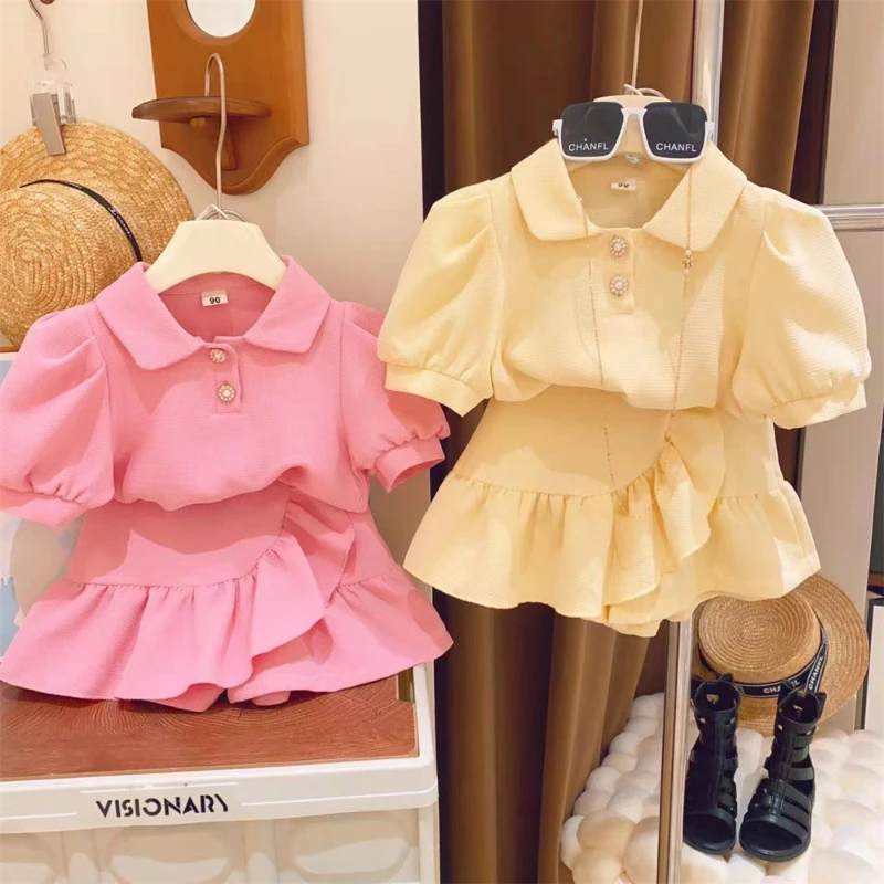 Летний модный костюм для девочек, однотонная футболка с короткими рукавами и вафельным воротником для девочек + Короткие брюки-кюлоты, комплект одежды из 2 предметов для девочек