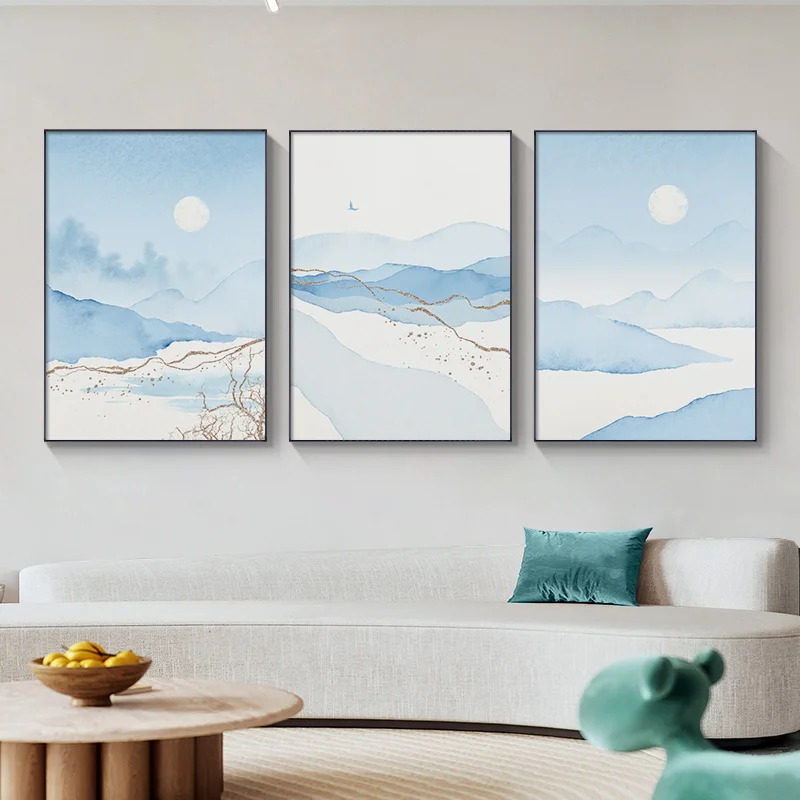Минималистичная картина на холсте в Скандинавском стиле, синяя Акварель, абстрактный плакат, художественная живопись, Пейзаж, настенная картина, домашний Декор