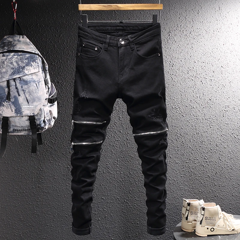 Модные мужские джинсы, Черные Эластичные Эластичные Обтягивающие Рваные джинсы, Дизайнерские брюки-карандаш в стиле хип-хоп, Мужские брюки в стиле панк