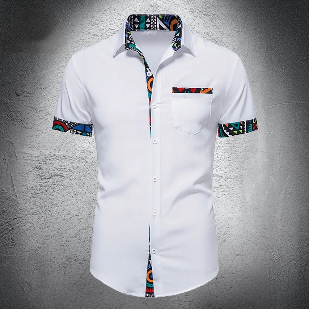 Мужская рубашка в стиле пэчворк, рубашка с карманом и принтом, дизайн в стиле Анкара, короткий рукав, воротник Дашики, мужские рубашки, белый