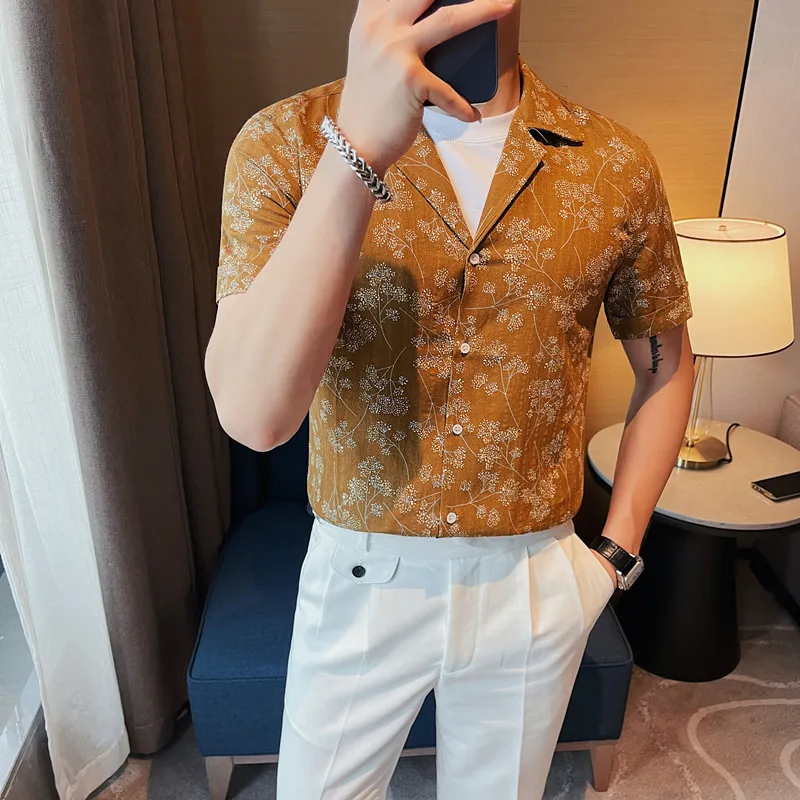 Мужские Летние рубашки с V-образным вырезом и принтом в Корейском стиле с короткими рукавами/Мужская приталенная Высококачественная Модная Пляжная Гавайская рубашка с отворотом S-3XL