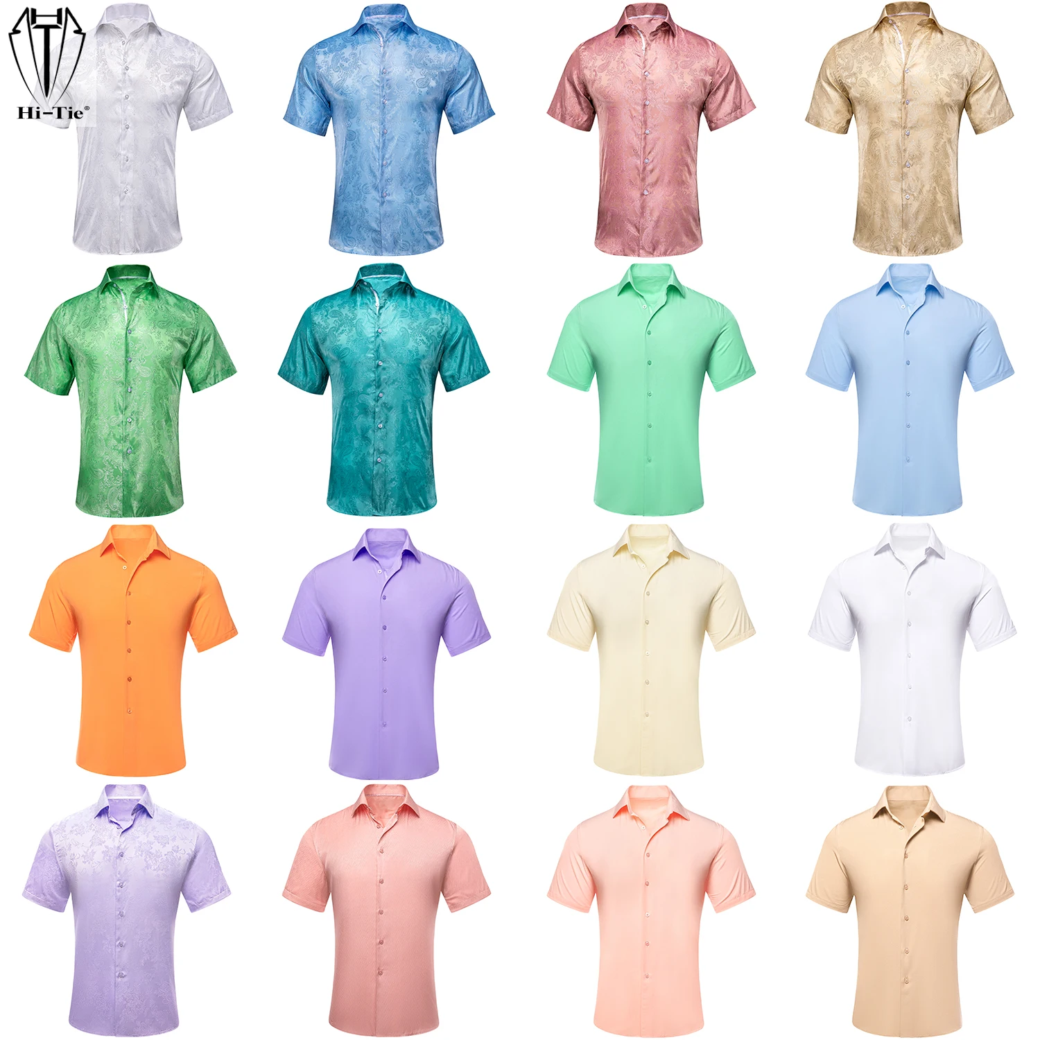 Мужские рубашки с коротким рукавом, Шелковая Весенне-летняя рубашка, Мужская Свадебная Деловая Белая, Розовая, лососевая, шалфейная, сиренево-желтая