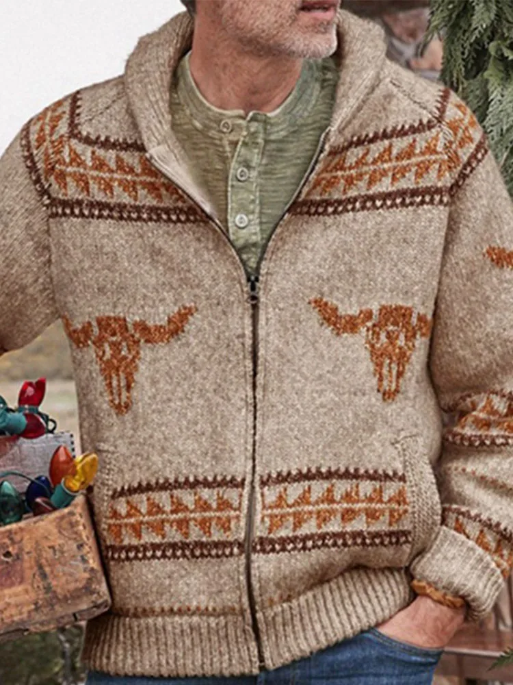 Мужской жаккардовый свитер на молнии с бычьей головой, пальто, осень-зима, толстый вязаный кардиган