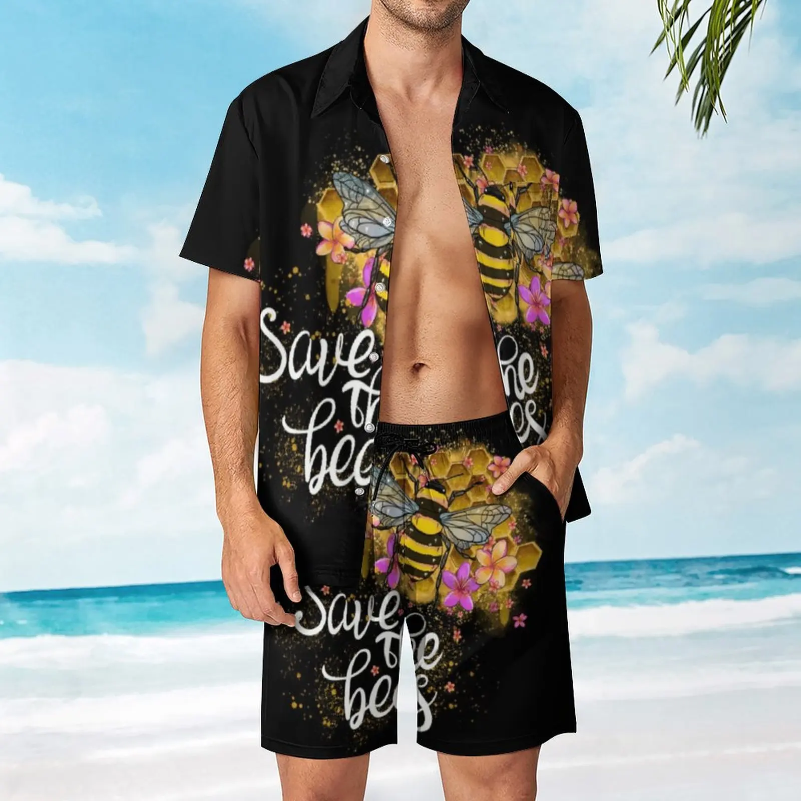 Мужской Пляжный костюм Save The Bees Акварель, комплект из 2 предметов, Высококачественный симпатичный костюм для бега