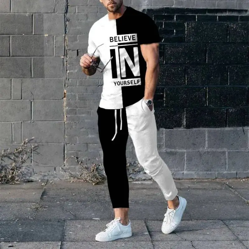 Новая Летняя одежда, Модная мужская однотонная футболка с 3D принтом, брюки, Костюм, Длинные брюки, Уличная одежда, Мужской комплект одежды